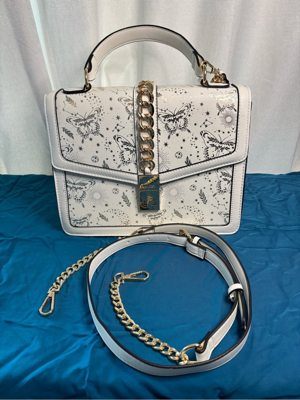 Aldo White Butterfly-Print Satchel with Gold Chain